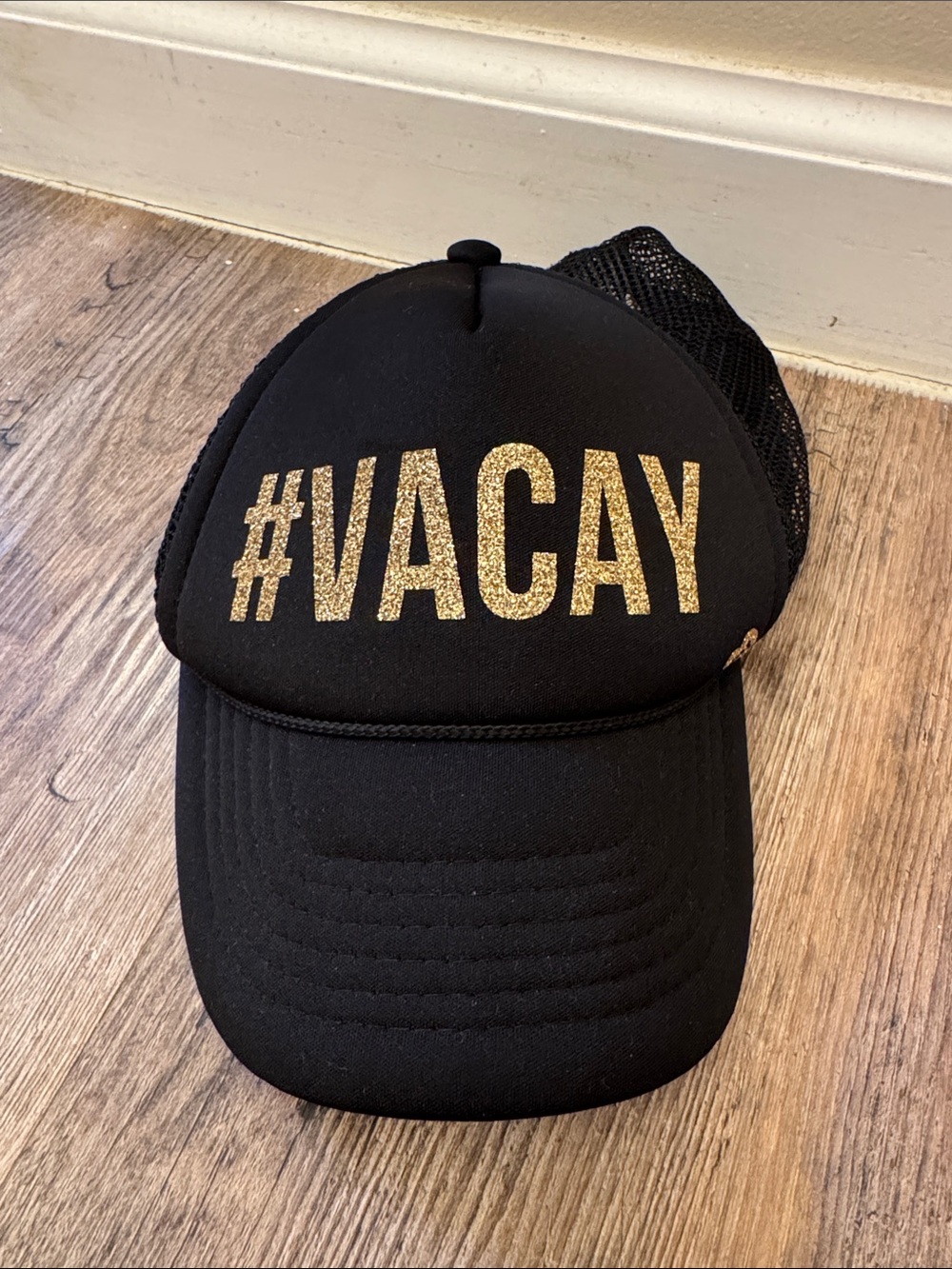 #VACAY Black Trucker Hat with Gold Glitter Script